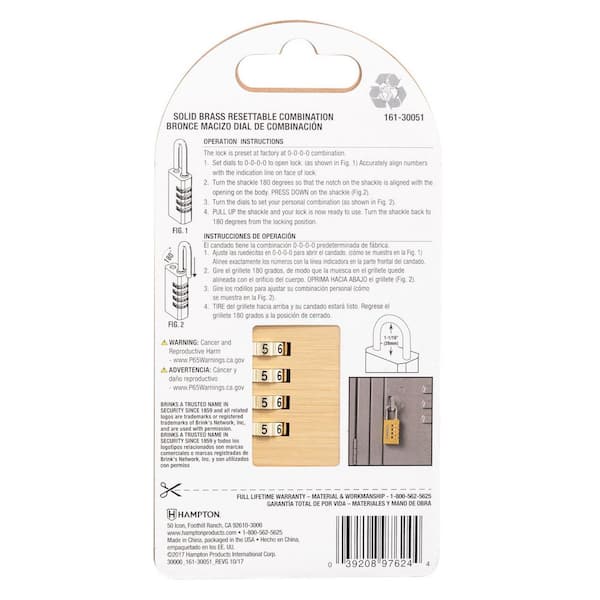 Brinks 1-3/16 in. (30 mm) Resettable Solid Brass Combination