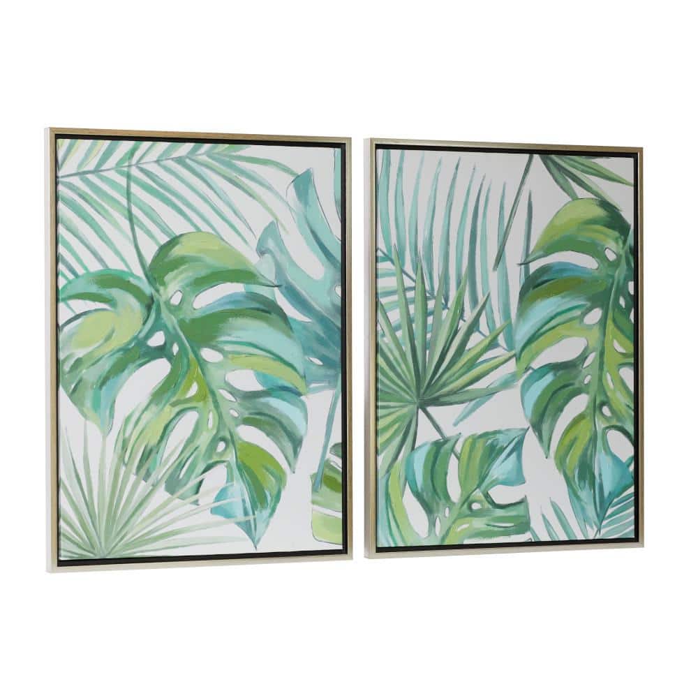 Green Tropical Leaf Framed Canvas Wall Art Set with Silver Frame
