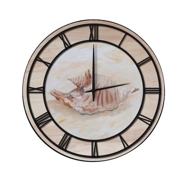 Unbranded "Sea Shell #3" Woodgrain Accent and Black Numbers Imaged Wall Clock