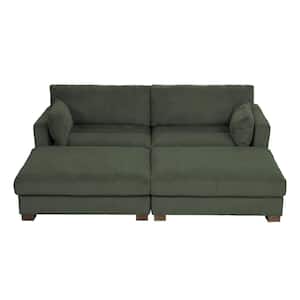 88 in. Modern Square Arm Corduroy Fabric Upholstered Sectional Sofa in. Green With Two Ottomans And Wood Leg