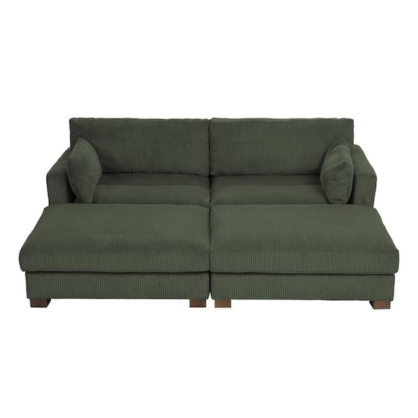 Uixe 88 in. Modern Square Arm Corduroy Fabric Upholstered Sectional Sofa in. Green With Two Ottomans And Wood Leg