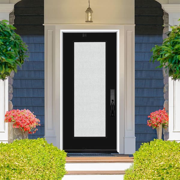 Legacy 36 in. x 80 in. Full Lite Rain Glass LHIS Primed Black Finish Fiberglass Prehung Front Door