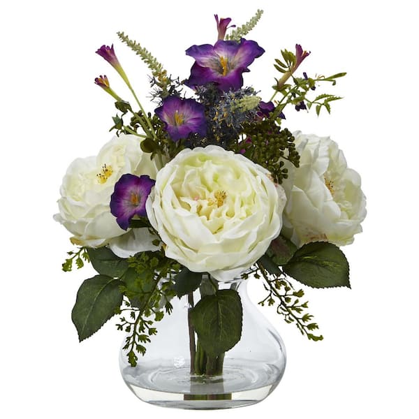 Nearly Natural Artificial Rose and Morning Glory Arrangement with Vase
