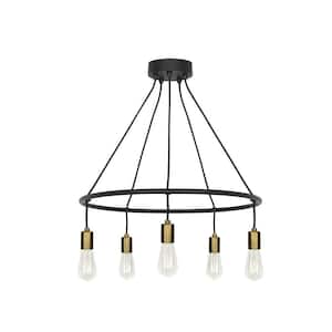 Tae 24 in. W 5-Light Black Modern Industrial Round Chandelier with Aged Brass Socket Cups and Adjustable Black Cords
