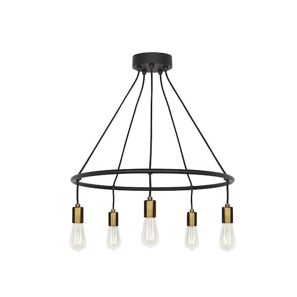 Generation Lighting Tae 24 in. W 5-Light Black Modern Industrial Round Chandelier with Aged Brass Socket Cups and Adjustable Black Cords