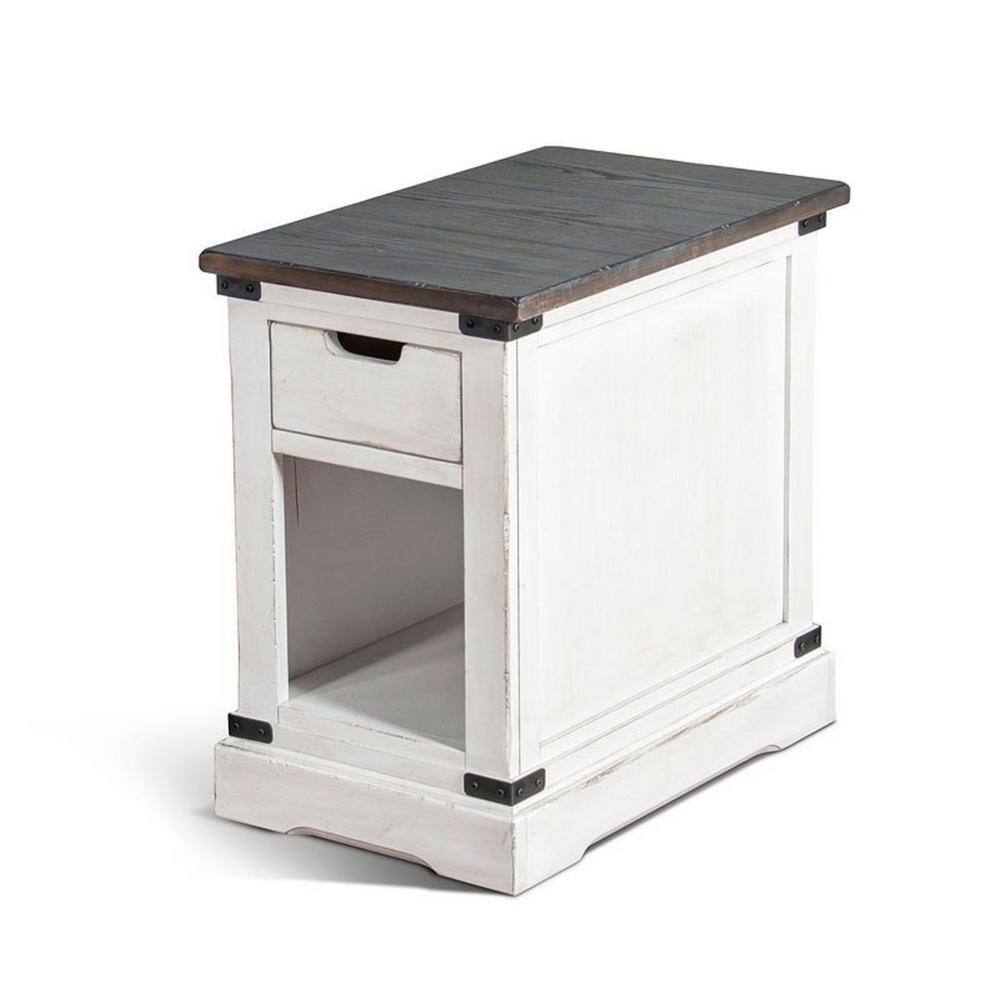26 in. Off White, Brown and Black Rectangle Wood End Table with Drawer