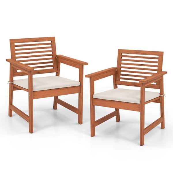 Set of 2 Natural Solid Wood Outdoor Dining Chairs with Off White Cushions and Slatted Seat