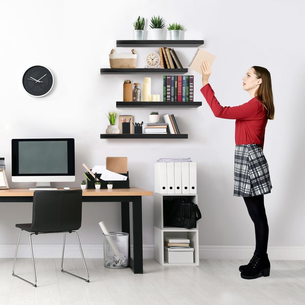 Black Faux Wood Floating Wall Shelves Set of 4