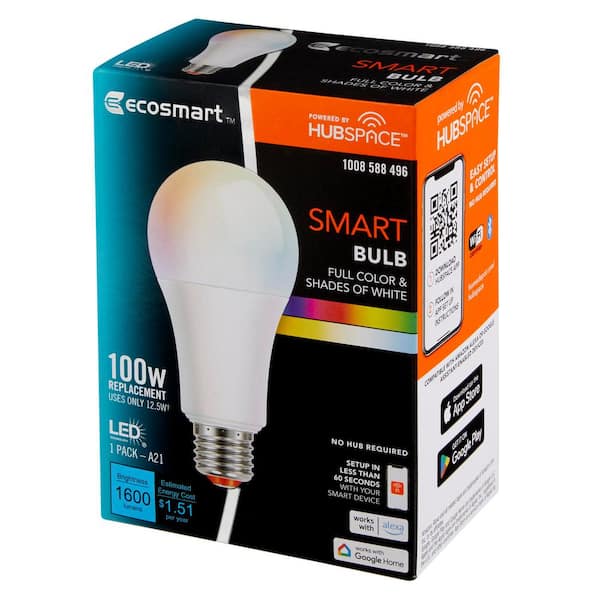EcoSmart 100-Watt Equivalent Smart A21 Color Changing CEC LED Light Bulb  with Voice Control (1-Bulb) Powered by Hubspace 12A21100WRGBWH1 - The Home  Depot