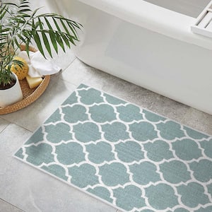 Light Teal Color Geometric Trellis Design Cotton Non-Slip Washable Thin 3-Piece Bathroom Rugs Sets