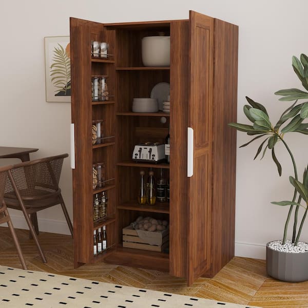 Unbranded Brown Wood Pantry Organizer with Doors and Shelves Freestanding Kitchen Cupboard Buffet Cabinet Accent Storage Cabinet