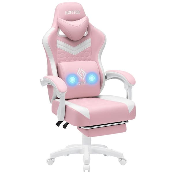 Hoffree Fabric Reclining Ergonomic Gaming Chair in Pink/White with Vibration Lumbar Pillow and Footrest