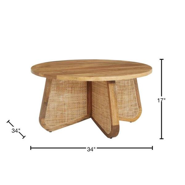 Lisbon 34 in. Natural Round Cane Rattan & Mango Wood Coffee Table