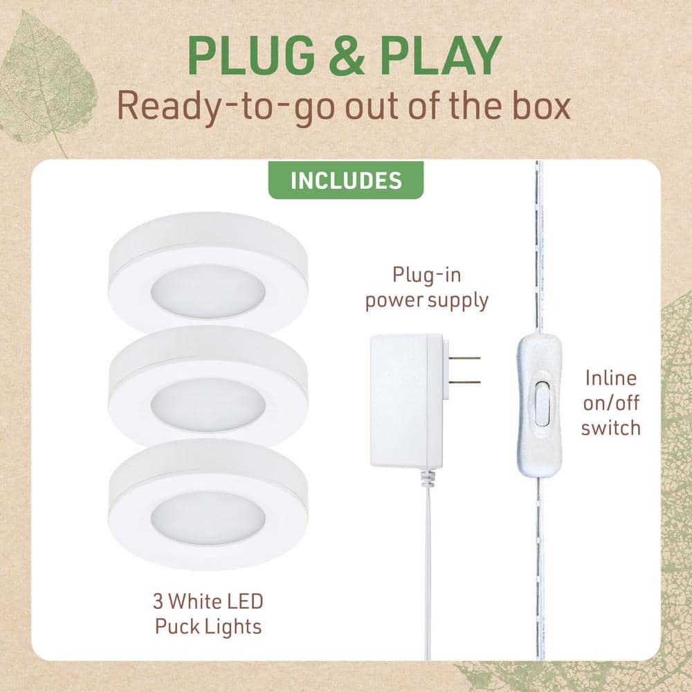 Warm White LED Puck Light Kit with Switch, 3-Pack