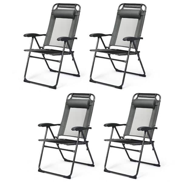 4PC Folding Chairs Adjustable Reclining Chairs with Headrest Patio Garden Grey