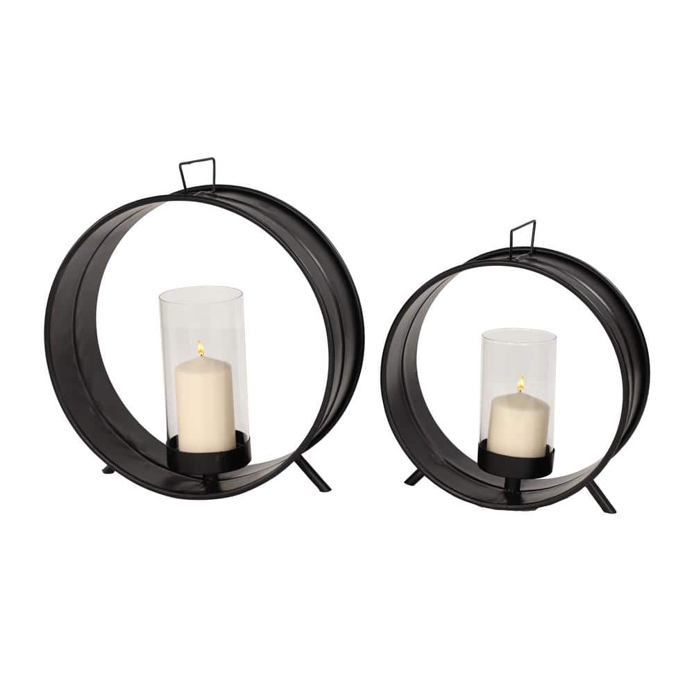 Industrial Black Iron Circular Candle Holders with Glass, Set of 2
