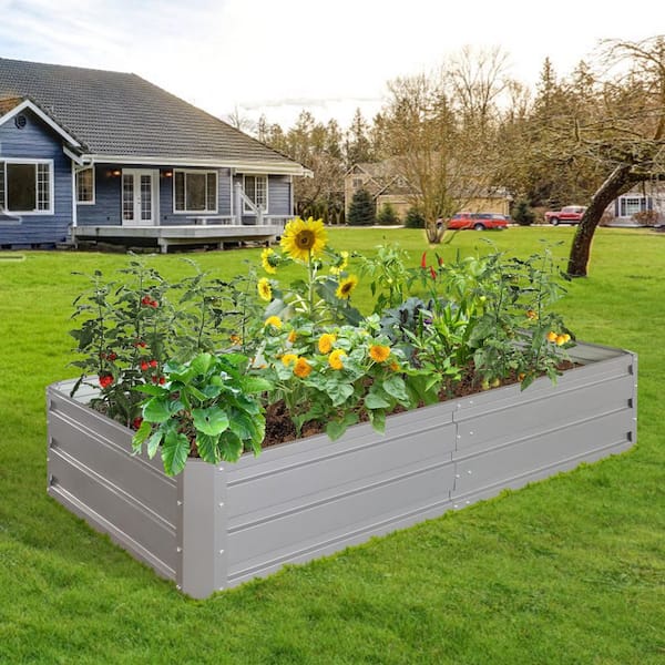 WTVWTV 2-Set 6 x 3 x 1 ft. Outdoor Extra Large Capacity Grey Metal Raised Garden Bed Steel Planter Boxes Herbs Vegetable Flower