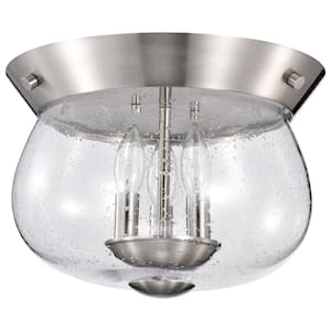 Boliver 13.5 in. 3-Light Brushed Nickel Traditional Flush Mount with Clear Seeded Glass Shade and No Bulbs Included