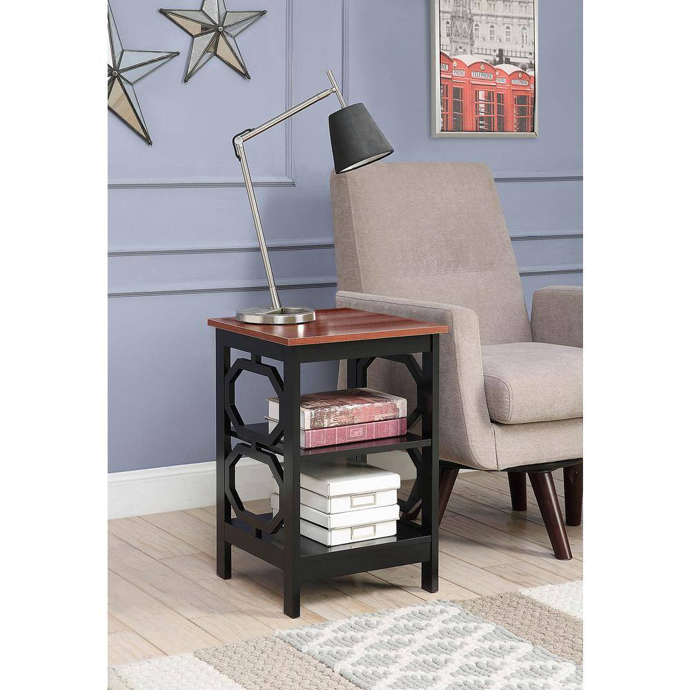 Round Cherry & Black Wood Omega End Table with Shelves