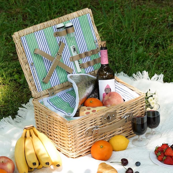 Numhew Green Stripe Wicker Picnic Basket for 2 Person, Willow Hamper ...