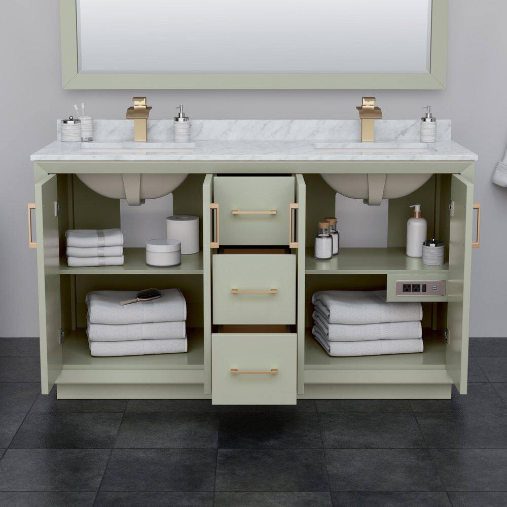 Strada 60" Light Green Double Bathroom Vanity with White Marble Countertop