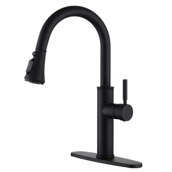 Boyel Living 4-Spray Patterns Single Handle Pull Down Sprayer Kitchen Faucet with Deckplate and Water Supply Hoses in Matte Black