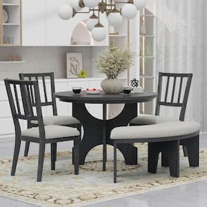 5-Piece Gray Round MDF Dining Table Set with 3 Upholstered Chairs and Curved Bench