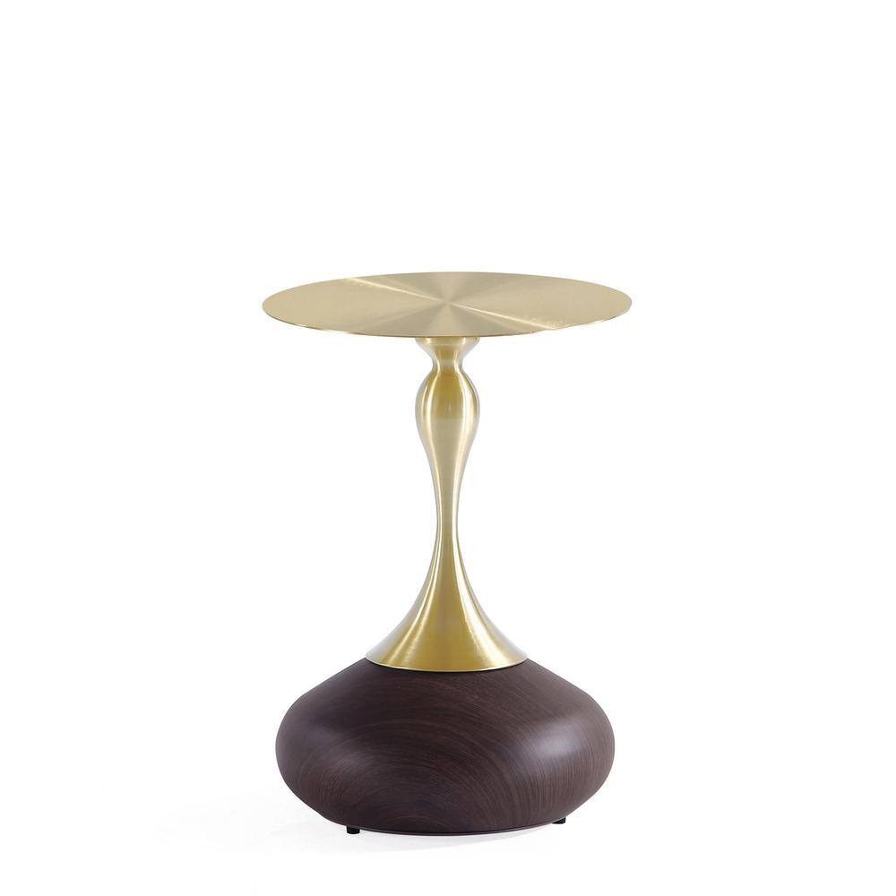 Set of 2 Gold and Brown Wood Round Accent Tables