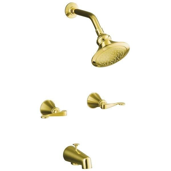 KOHLER Revival 2-Handle 1-Spray Tub and Shower Faucet with Scroll Lever Handles in Vibrant Polished Brass (Valve Included)