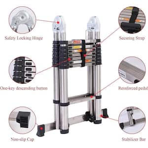 12.5 ft. Stainless Steel Telescoping Extension Ladder with Counterbalance Bar, One-Touch Switch for Slow Descent 330 lb.