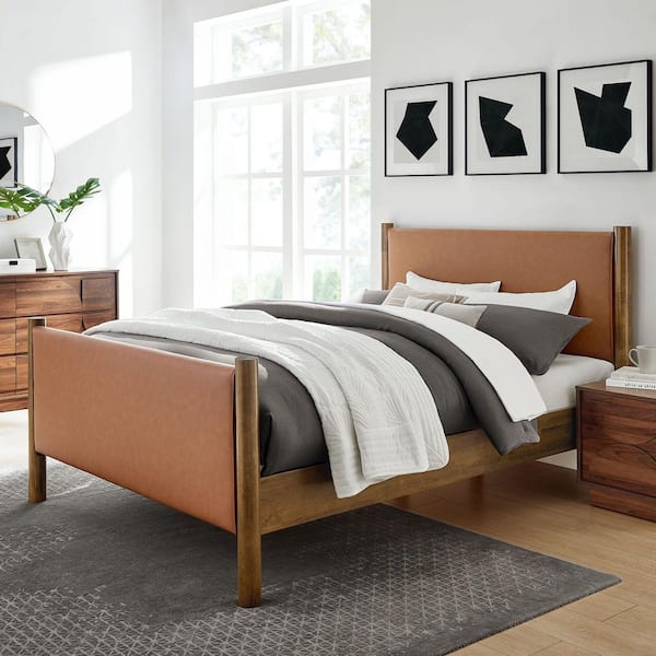 Maven Brown Wood Frame Full Platform Bed with Faux Leather Upholstered Headboard and Footboard