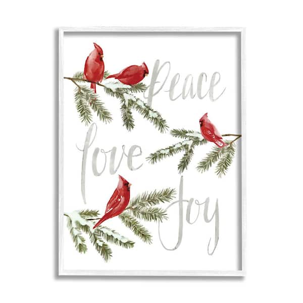 Stupell Industries Peace Love Joy Cardinals by Dogwood Portfolio 1-Piece Framed Graphic Print Animal Poster Art Print 30 in. x 24 in.