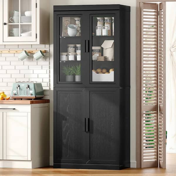 Black Solid Wood 31 in. W Dining Room Sideboard Pantry Cabinet with Glass Doors and Lower Wood Doors