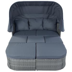 Gray Wicker Outdoor Day Bed Conversation Set, Patio Furniture Set Sunbed with Retractable Canopy, with Gray Cushions