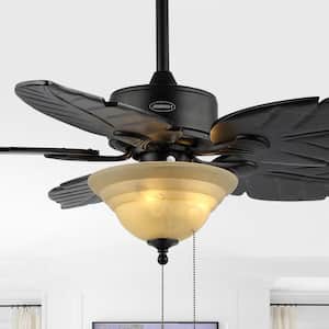Poinciana 52 in. 3-Light Coastal Bohemian Indoor, Black Iron/Wood Palm Leaf LED Ceiling Fan with Pull Chain