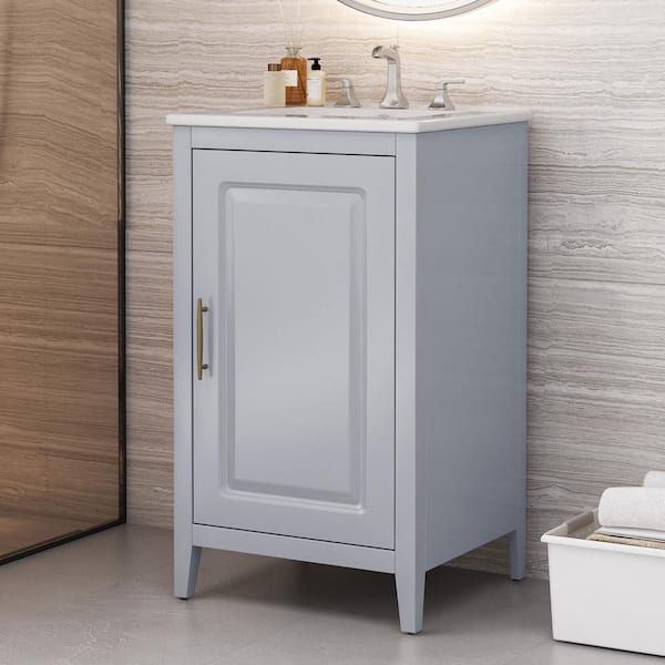 Lark 20.3 in. Modern Bathroom Grey Bath Vanity with White Ceramic Top Sink, Drawer, Shelf, Cabinet, Acacia Wood, MDF