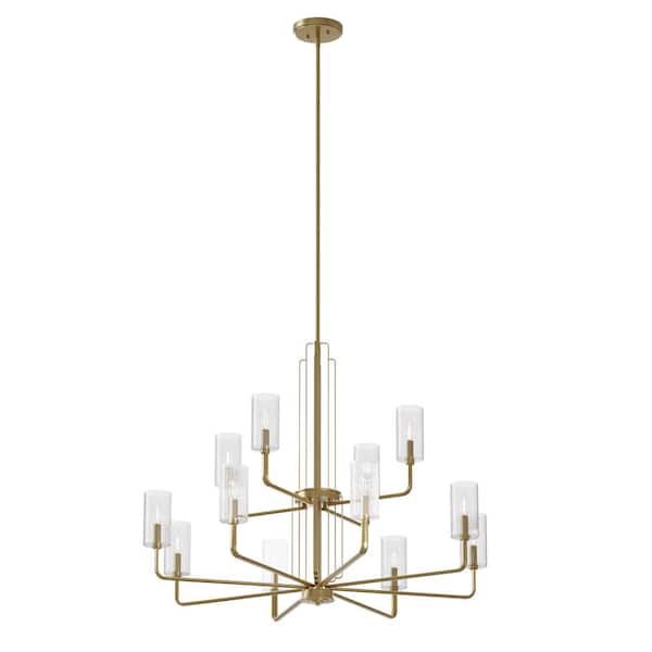Kimrose 40.5 in. 12-Light Brushed Natural Brass Art Deco Candlestick Cylinder Chandelier for Dining Room