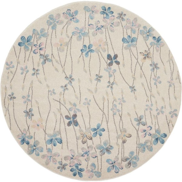 5 ft. Round Blue Floral Washable Area Rug