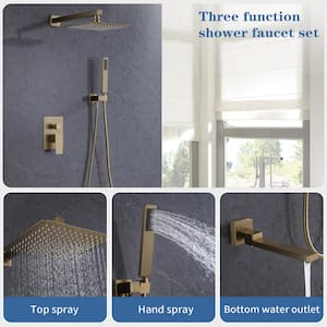 Single-Handle 3-Spray Square High Pressure Tub and Shower Faucet in Brushed Gold (Valve Included)