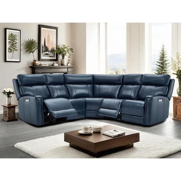 Ellesophas Rhett 104 in. Genuine Leather Power Recliner Sectional Sofa with Zero Gravity, Dual Power, USB&USB-C Port in. DarkBlue