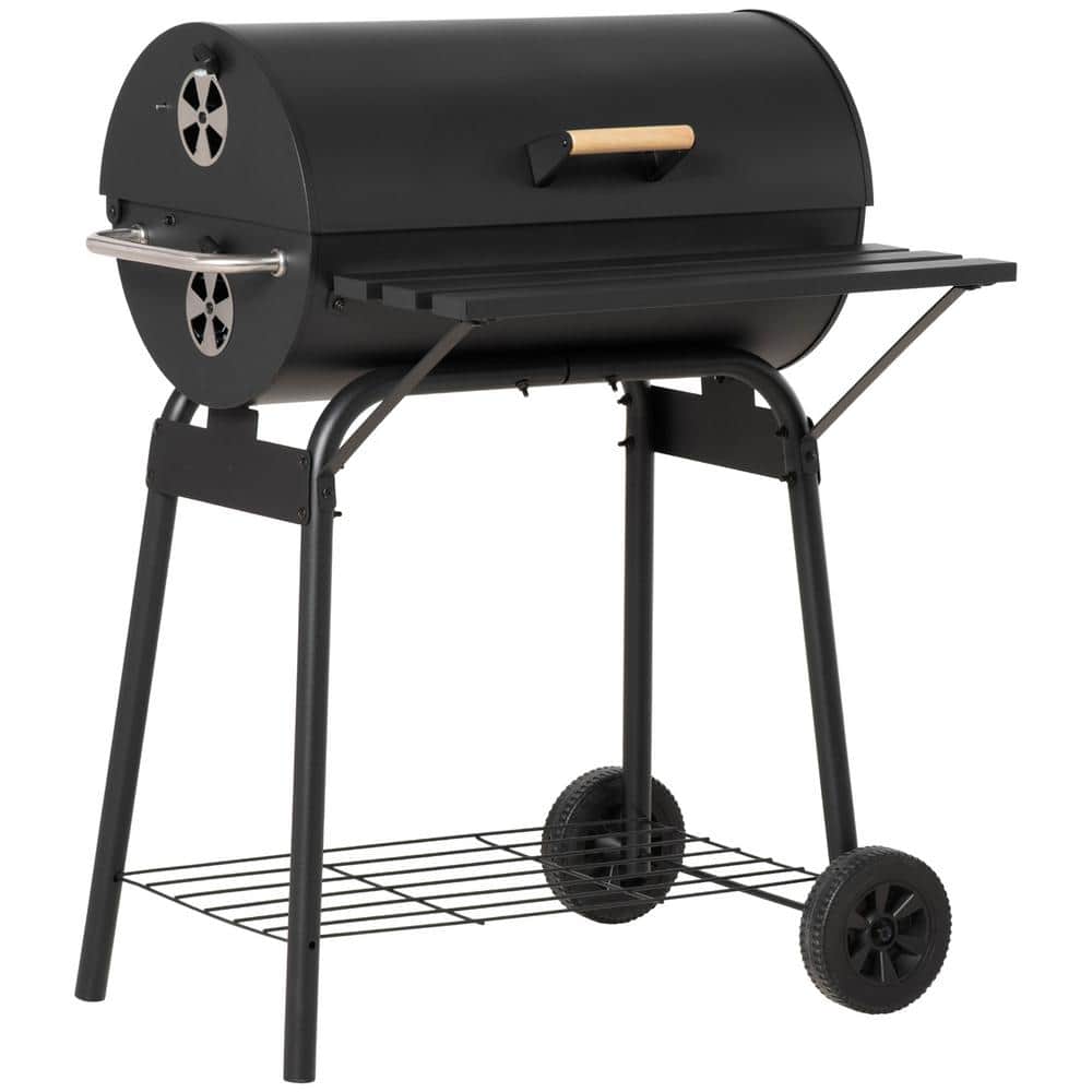 Outsunny Charcoal Grill in Black with Adjustable Charcoal Rack, Storage Shelf, Wheel, for Garden Camping Picnic -  846-081