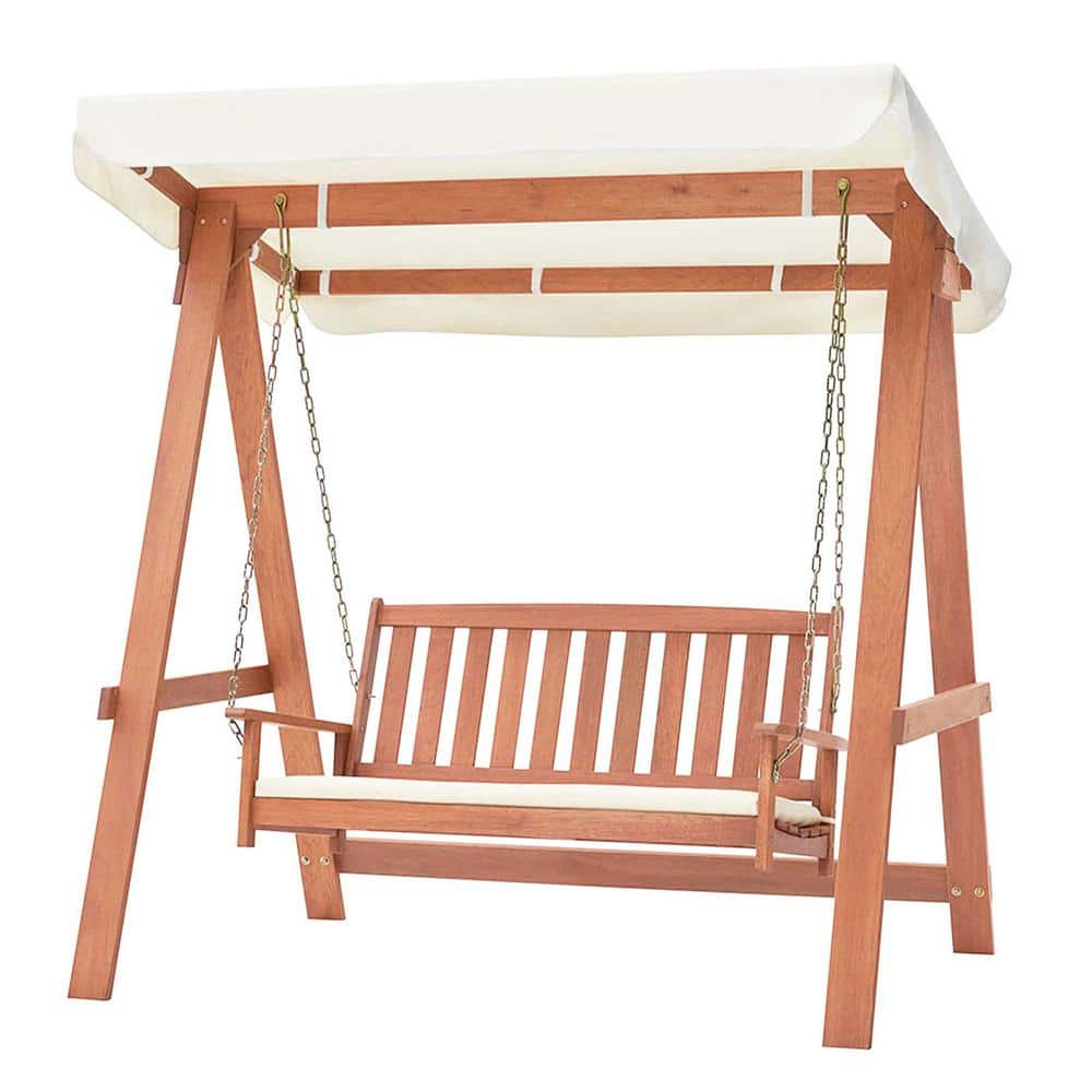 Costway Wood Porch Swing with Canopy Outdoor Patio 2 Seat Swing Bench with Cushions Backyard