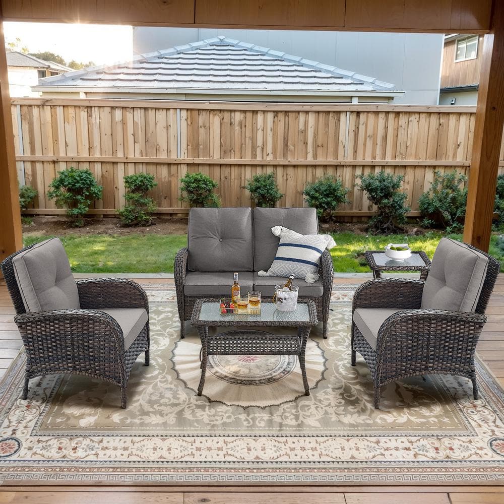 Brown 5-Piece Wicker Patio Conversation Set with Armchairs, Outdoor Loveseat Seating Set with Gray Cushions price history on PriceWatchPro