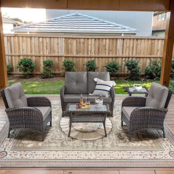 Opohoro Brown 5-Piece Wicker Patio Conversation Set with Armchairs, Outdoor Loveseat Seating Set with Gray Cushions