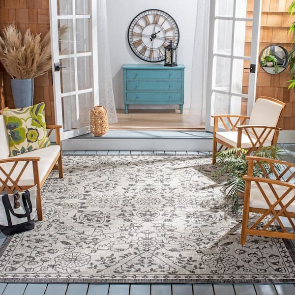 Courtyard Gray/Black 8 ft. x 10 ft. Floral Ornate Abstract Indoor/Outdoor Area Rug