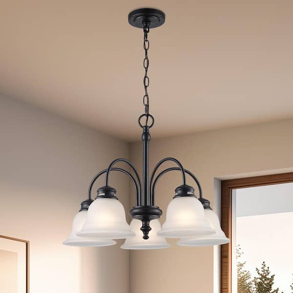 5-Light Black Down-Light Chandelier Light Fixture with Frosted Glass Bell Shaped Shades