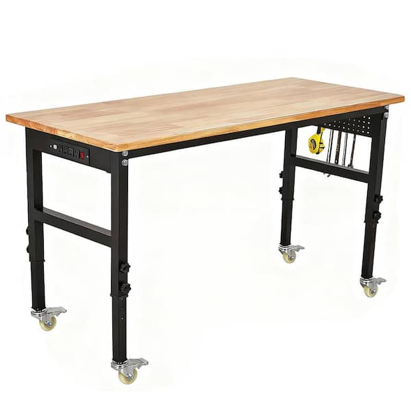 60 in. Adjustable Workbench with Power Outlet, Heavy Duty Rubber Wood Work Table, 29 in., 40 in. Height Adjustable