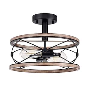 Vesta 15 in. 2-Light Indoor Matte Black and Brown Semi-Flush Mount Ceiling Light with Light Kit and Remote