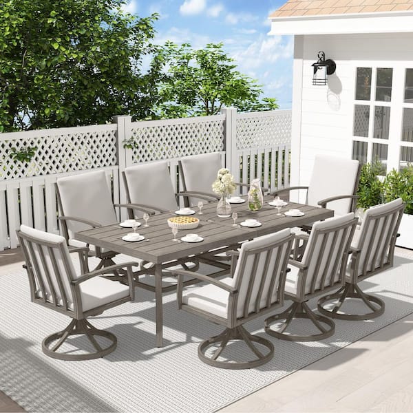 AluLux 9-Piece Aluminum Outdoor Dining Set with Swivel Rockers Chairs and Gray Cushions