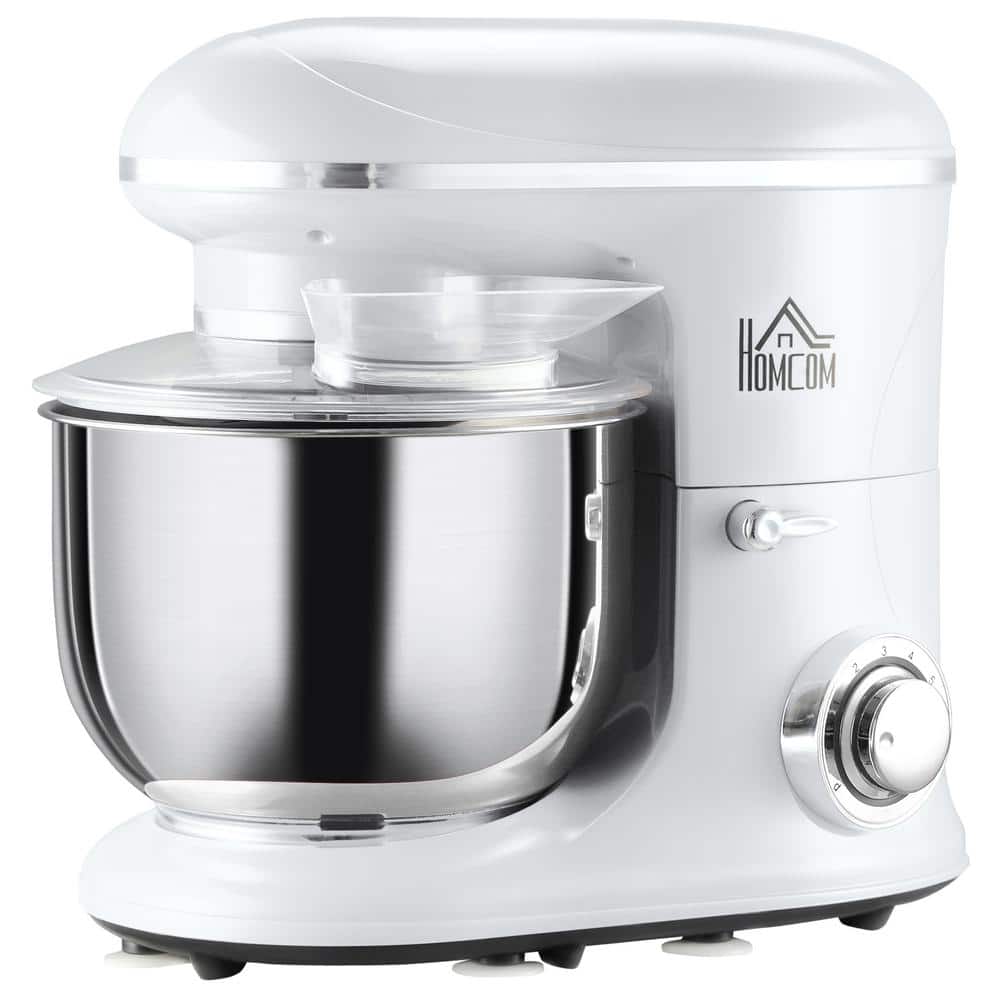 HOMCOM Stand Mixer with 6+1P Speed 600W Tilt Head Kitchen Electric Mixer with 6 qt Stainless Steel Mixing Bowl Beater Dough Hook White